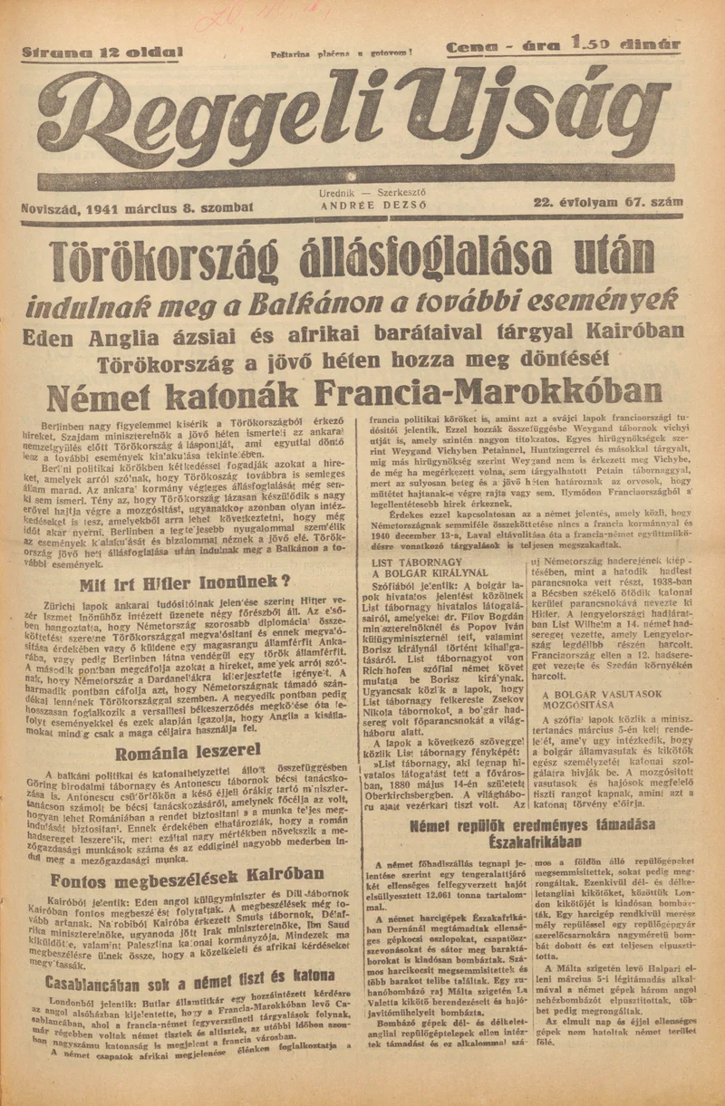 Reggeli Újság, 22. évf. 1941. március 8. 67. sz.