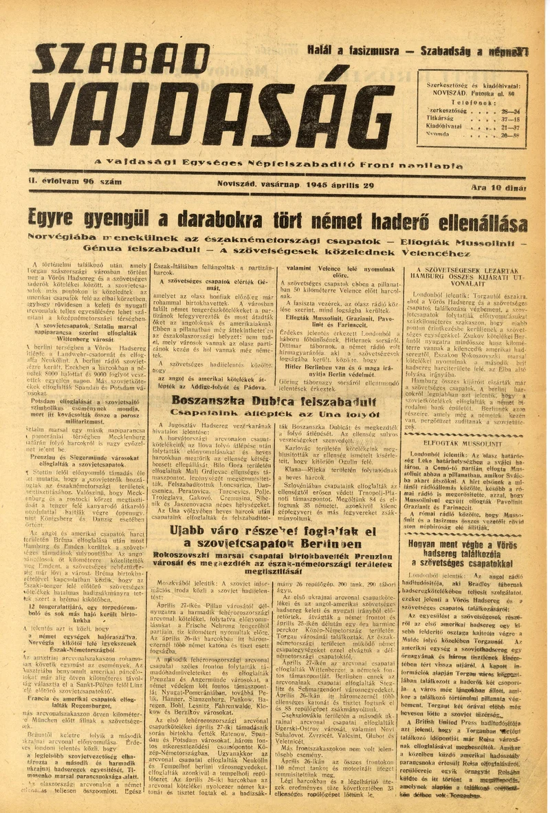 Szabad Vajdaság, 2. évf. 1945. április 29. 96. sz.