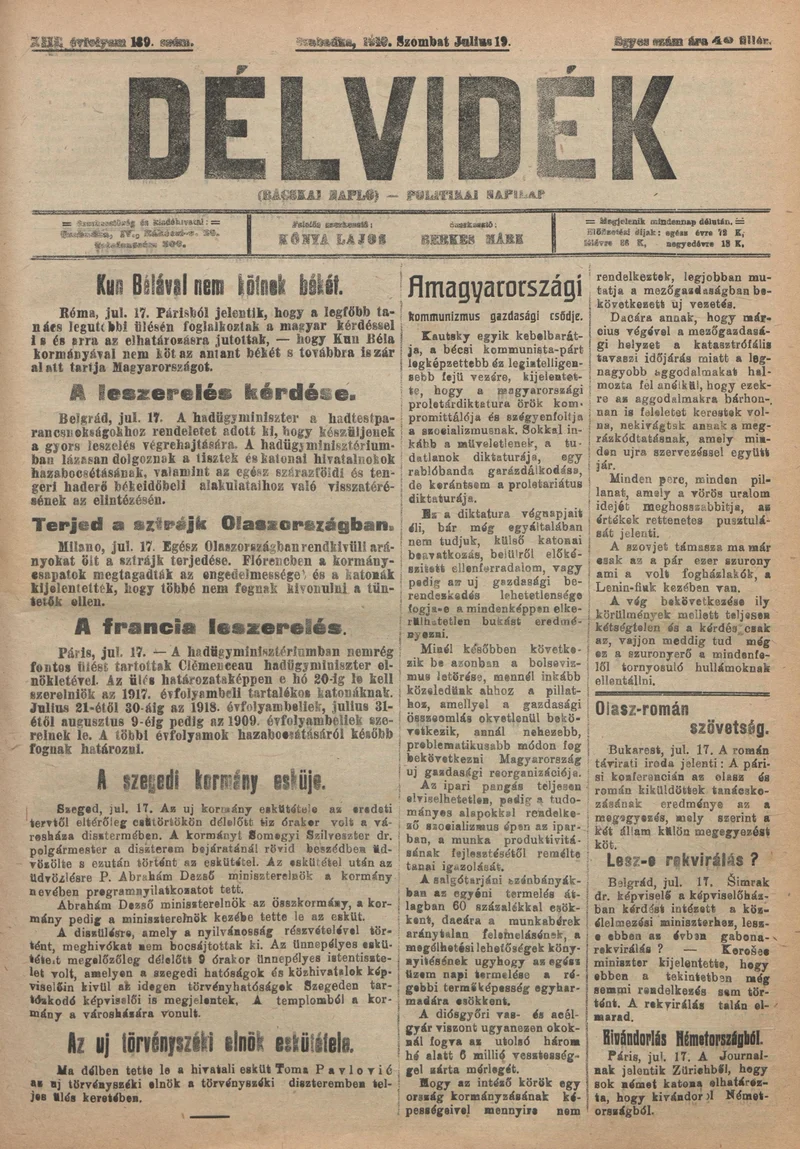 Délvidék, 13. évf. 1919. július 19. 139. sz.