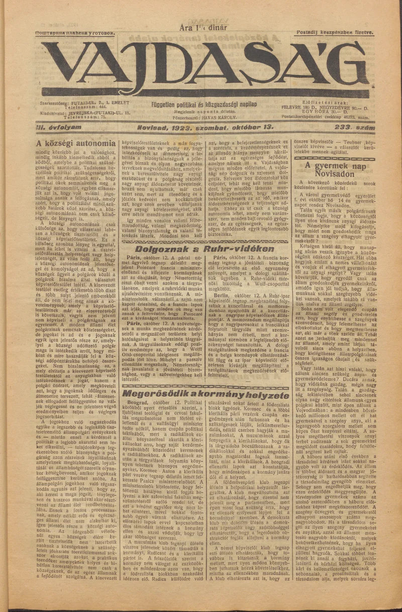 Vajdaság, 3. évf. 1923. október 13. 233. sz.