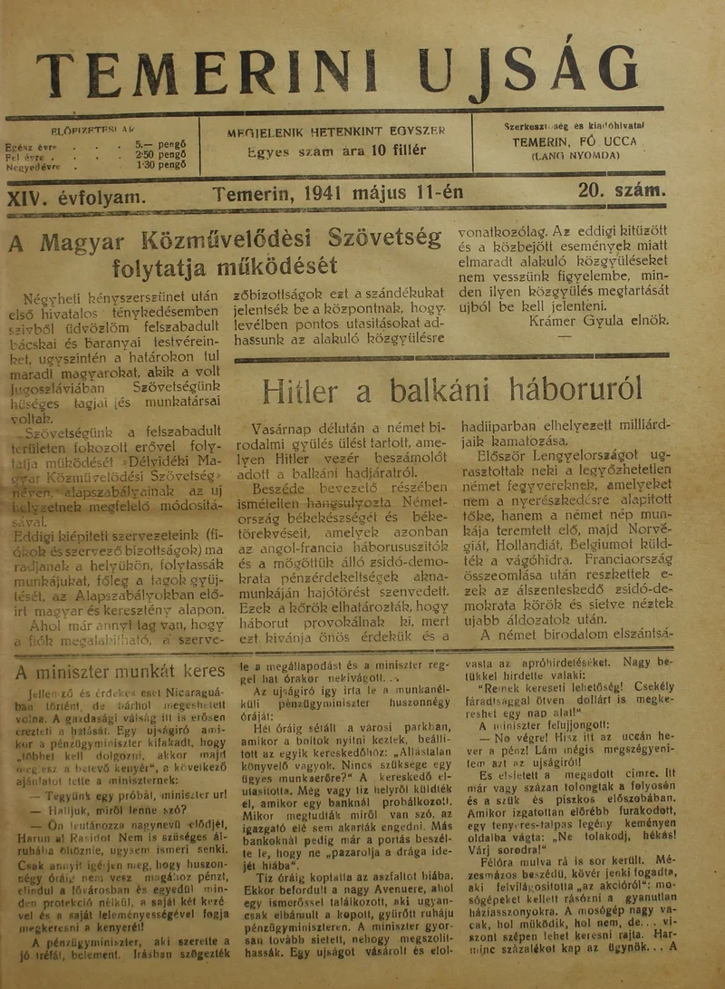 Temerini Újság 1928-1944, 14. évf. 1941. május 11. 20. sz.