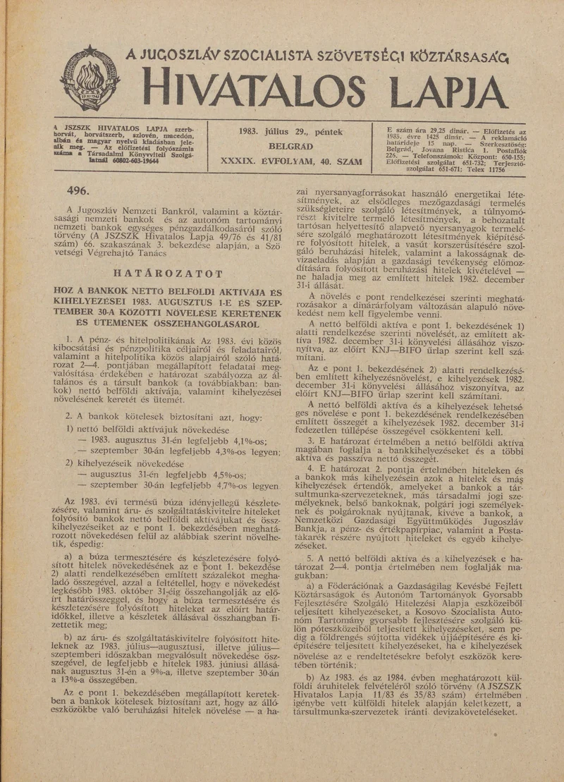 A Jugoszláv Szocialista Szövetségi Köztársaság Hivatalos Lapja, 39. évf. 1983. július 29. 40. sz. 1101–1136. oldal