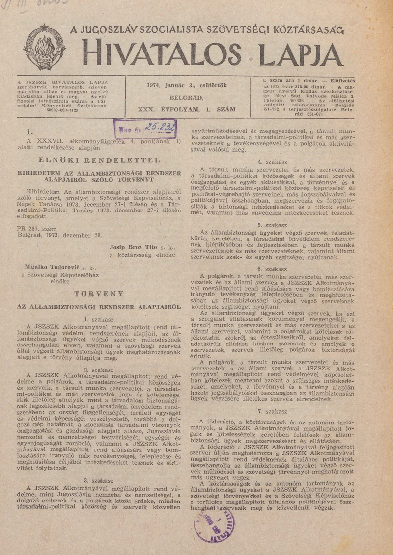 A Jugoszláv Szocialista Szövetségi Köztársaság Hivatalos Lapja, 30. évf. 1974. január 3. 1. sz. 1–8. oldal