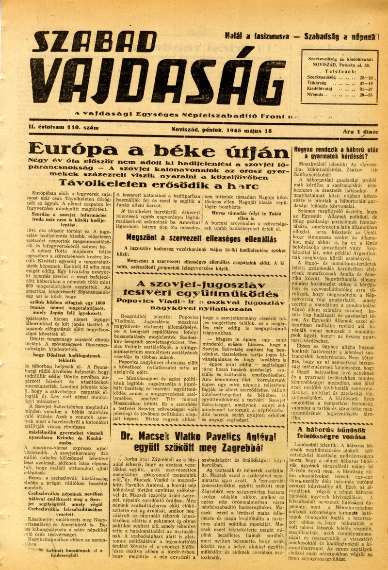 Szabad Vajdaság, 2. évf. 1945. május 18. 110. sz.