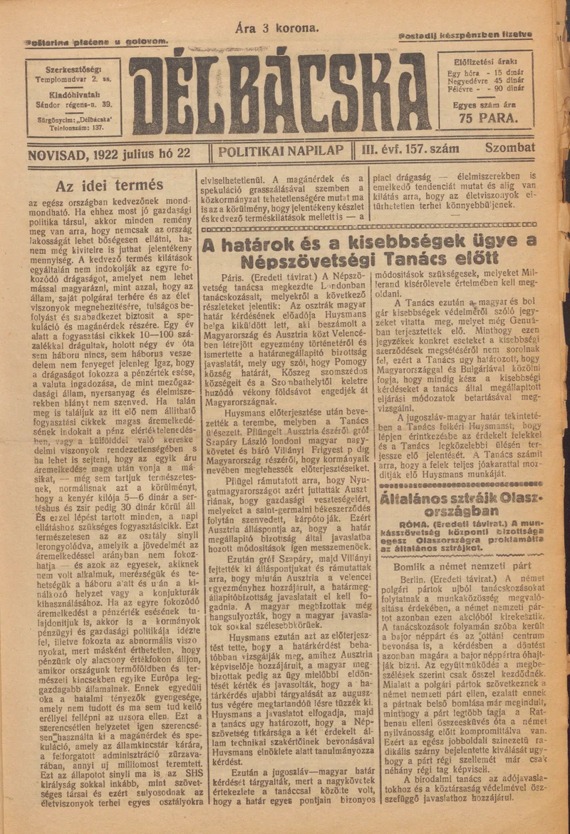 Délbácska, 3. évf. 1920. július 22. 157. sz.