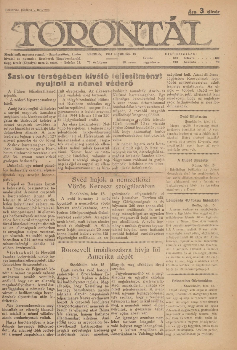 Torontál, 73. évf. 1944. február 16. 38. sz.