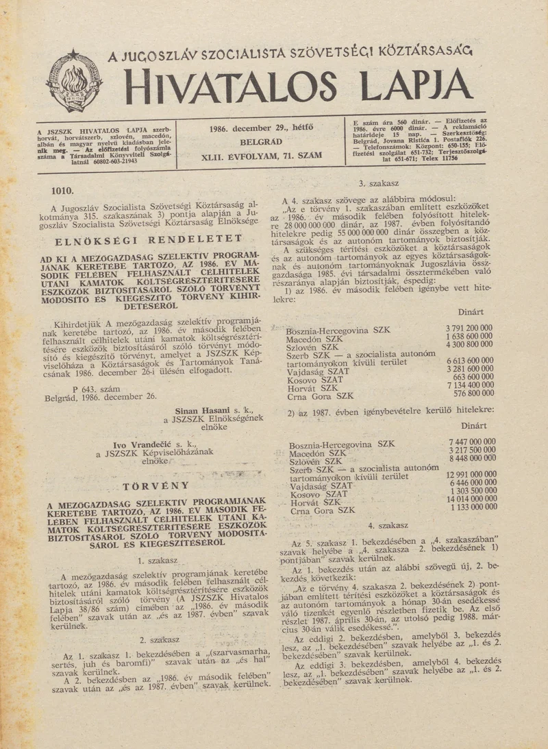 A Jugoszláv Szocialista Szövetségi Köztársaság Hivatalos Lapja, 42. évf. 1986. december 29. 71. sz. 2097–2160. oldal