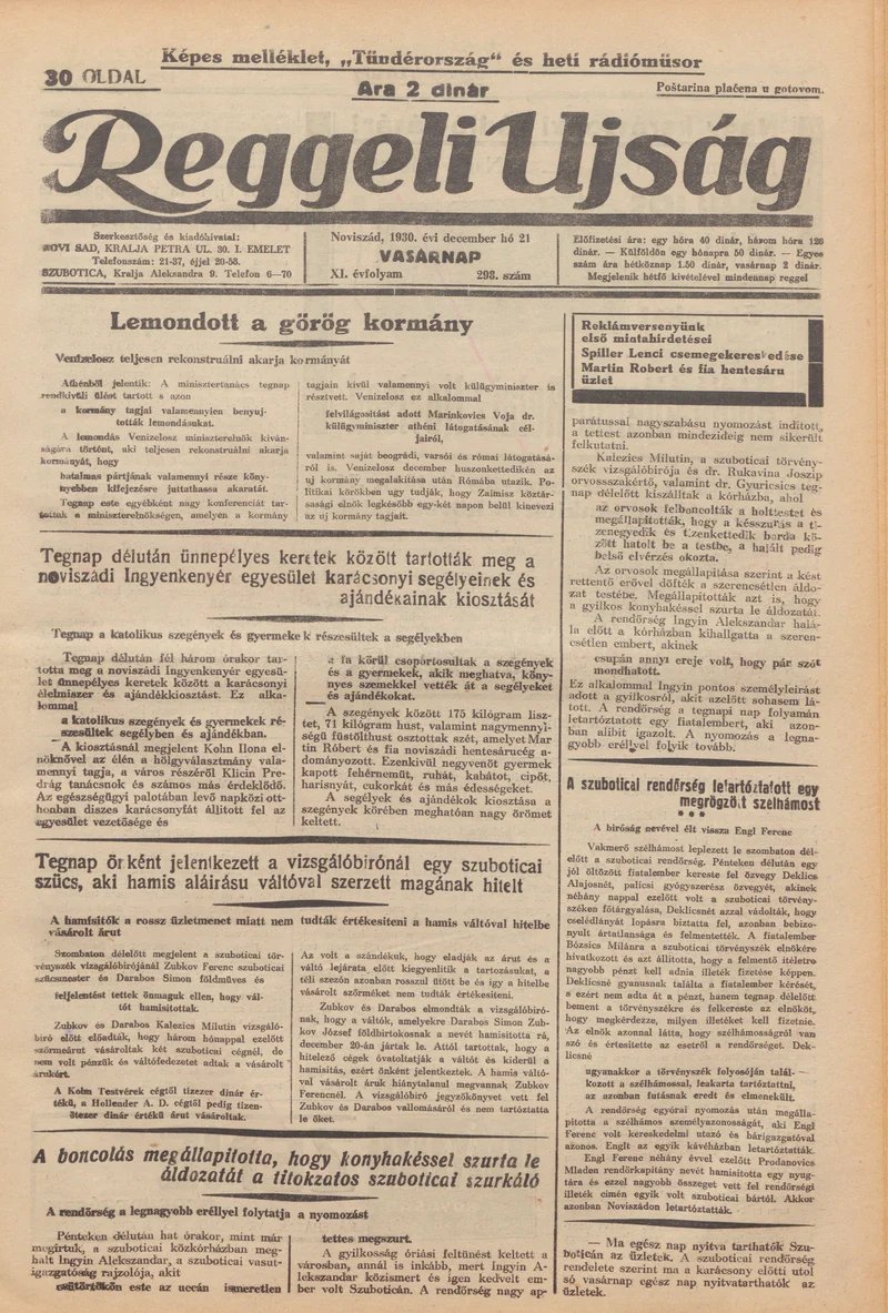 Reggeli Újság, 11. évf. 1930. december 21. 298. sz.