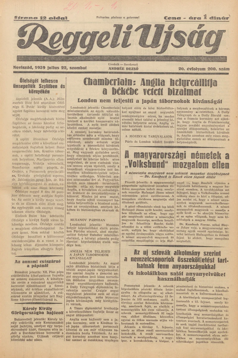 Reggeli Újság, 20. évf. 1939. július 22. 200. sz.