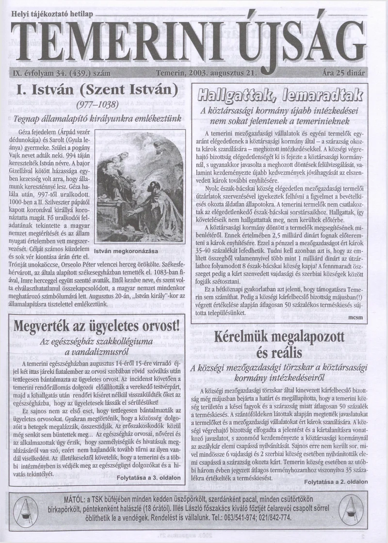 Temerini Újság, 9. évf. 2003. augusztus 21. 34. sz.