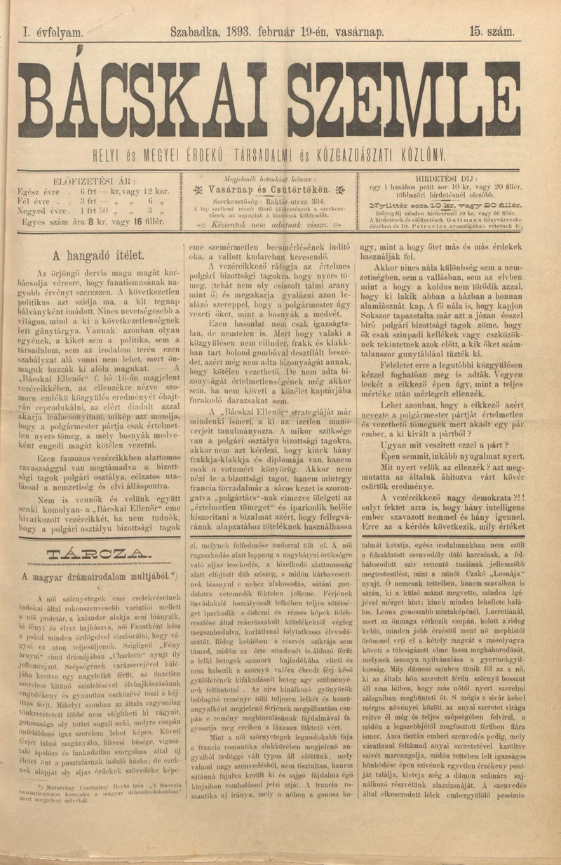 Bácskai Szemle, 1. évf. 1893. február 19. 15. sz.
