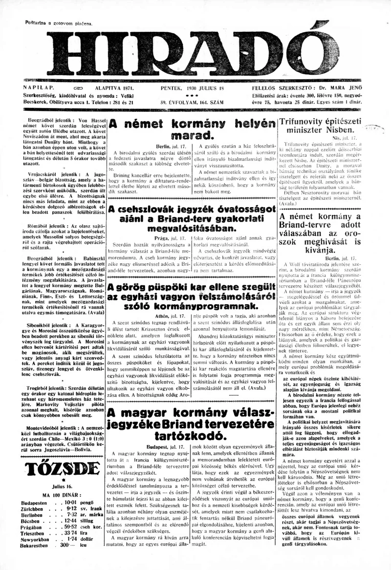 Híradó, 59. évf. 1930. július 18. 164. sz.