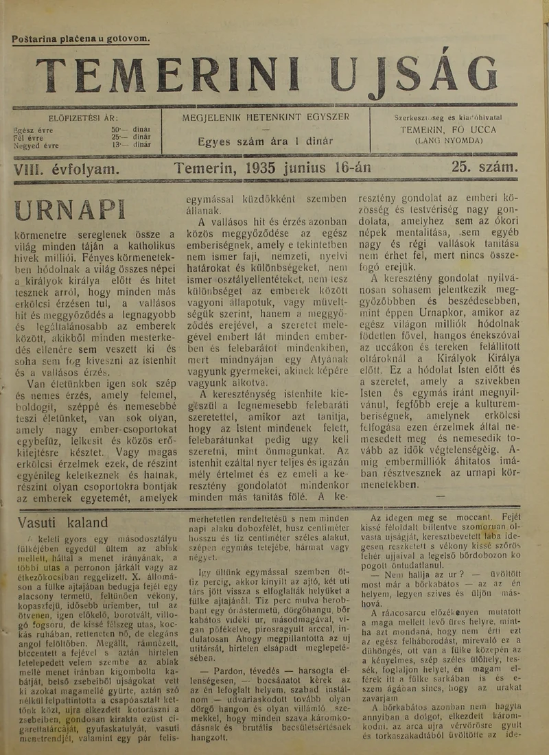 Temerini Újság 1928-1944, 8. évf. 1935. június 16. 25. sz.
