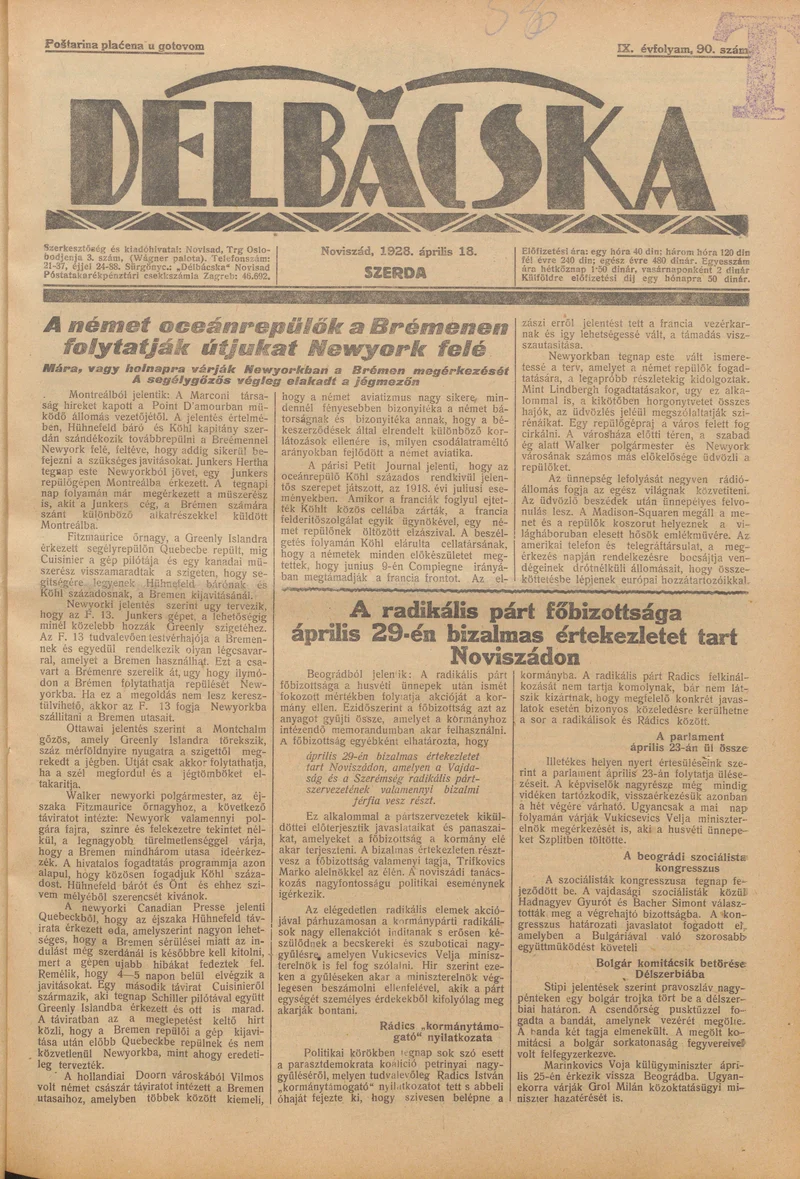 Délbácska, 9. évf. 1928. április 18. 90. sz.