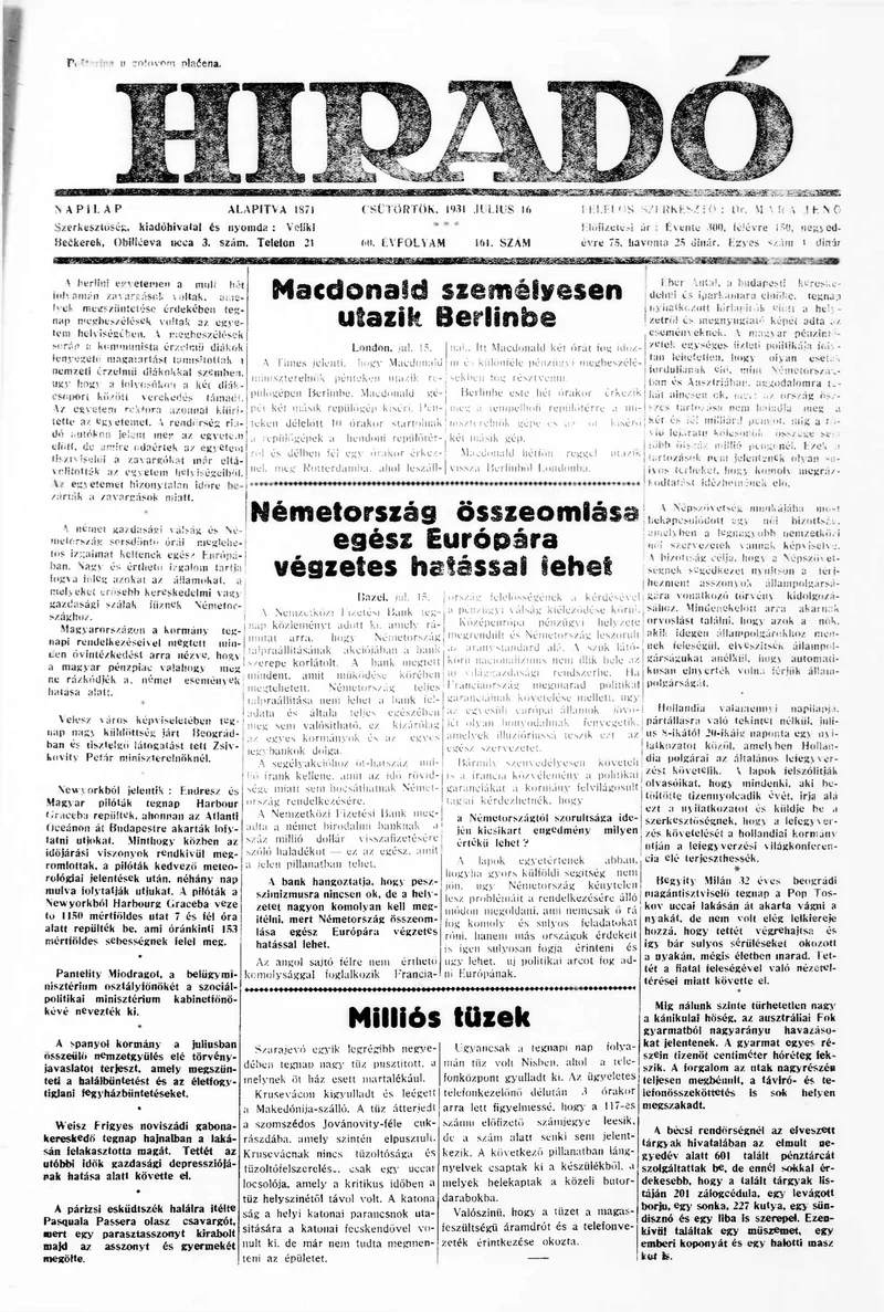 Híradó, 60. évf. 1931. július 16. 161. sz.