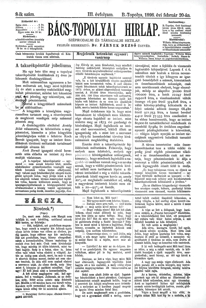 Bács-Topolyai Hirlap, 3. évf. 1898. február 20. 8. sz.
