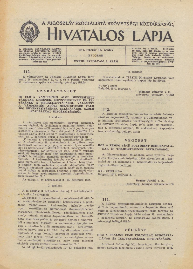 A Jugoszláv Szocialista Szövetségi Köztársaság Hivatalos Lapja, 33. évf. 1977. február 18. 9. sz. 485–492. oldal
