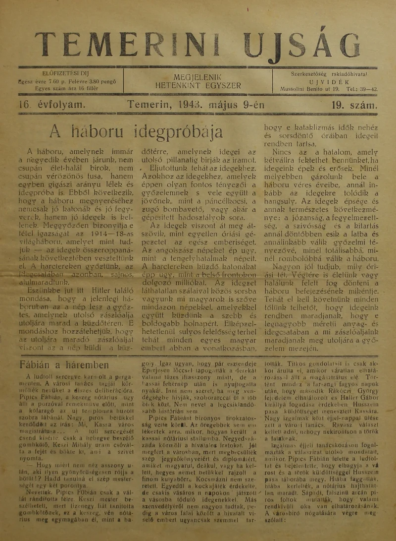 Temerini Újság 1928-1944, 16. évf. 1943. május 9. 19. sz.