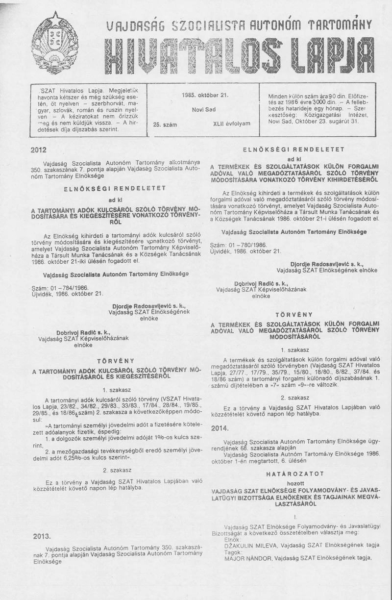 Vajdaság Szocialista Autonóm Tartomány Hivatalos Lapja, 42. évf. 1986. október 21. 25. sz.