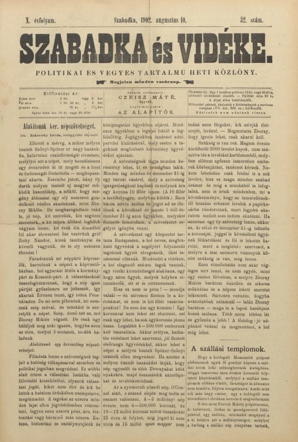 Szabadka és vidéke II, 10. évf. 1902. augusztus 10. 32. sz.