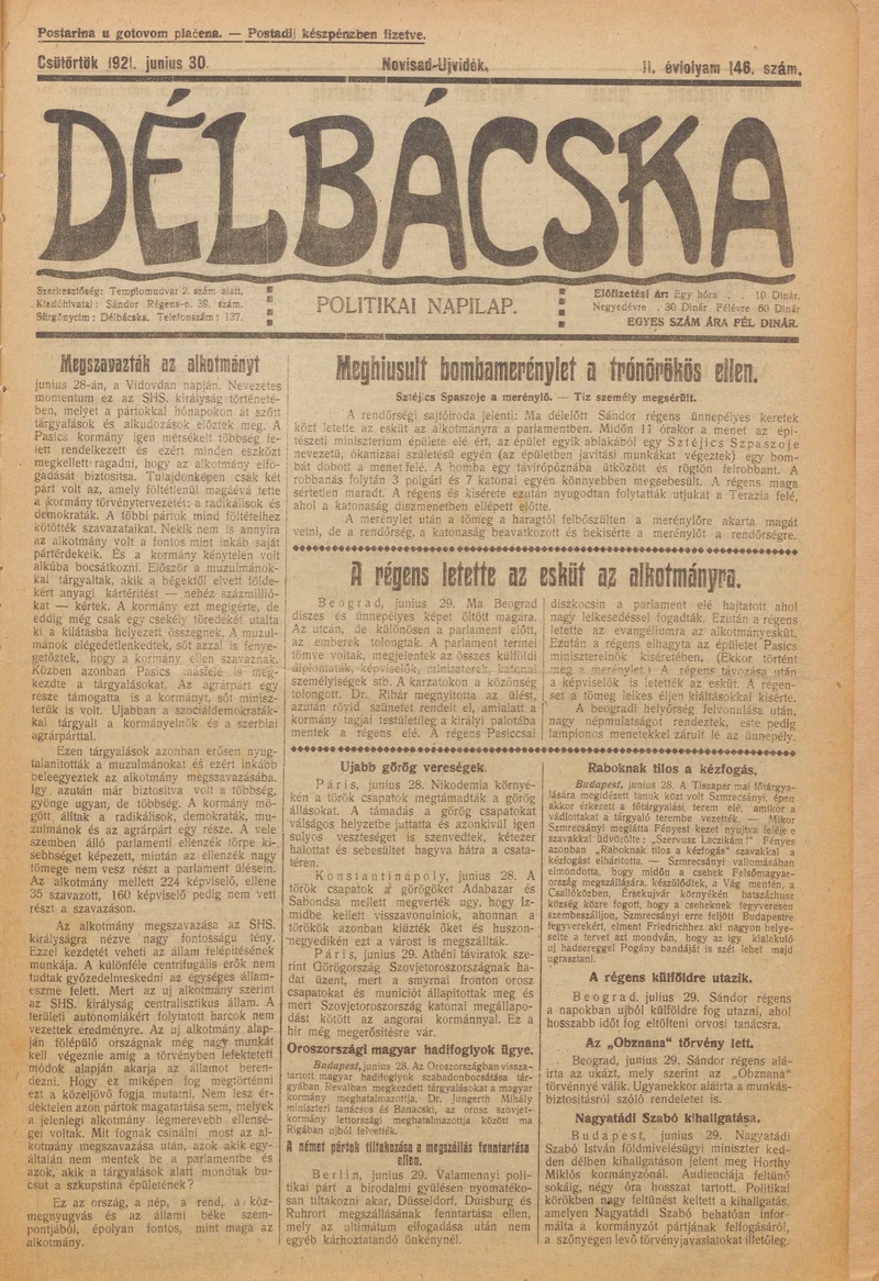 Délbácska, 2. évf. 1921. június 30. 146. sz.