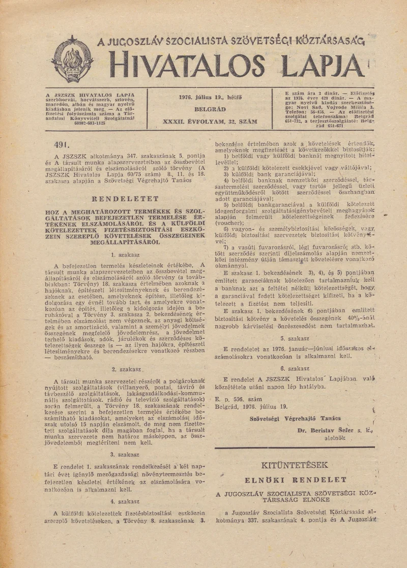A Jugoszláv Szocialista Szövetségi Köztársaság Hivatalos Lapja, 32. évf. 1976. július 19. 32. sz. 781–788. oldal