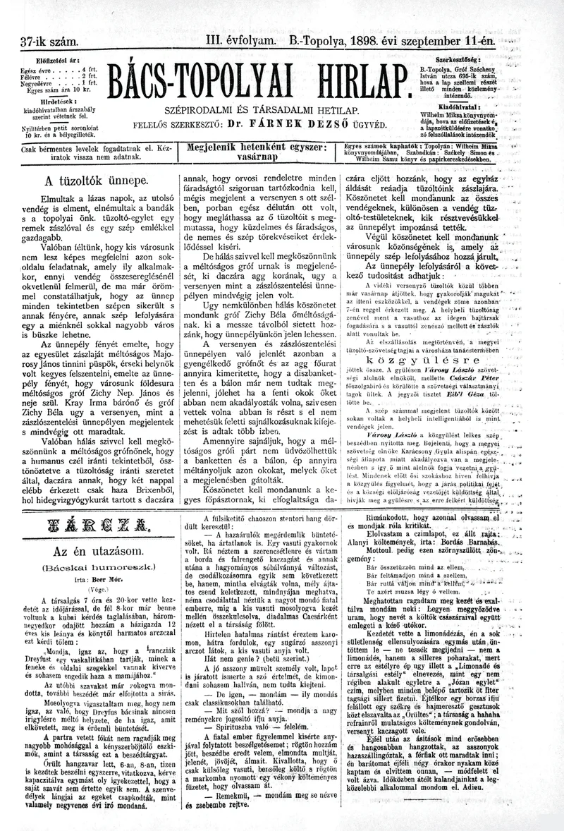 Bács-Topolyai Hirlap, 3. évf. 1898. szeptember 11. 37. sz.