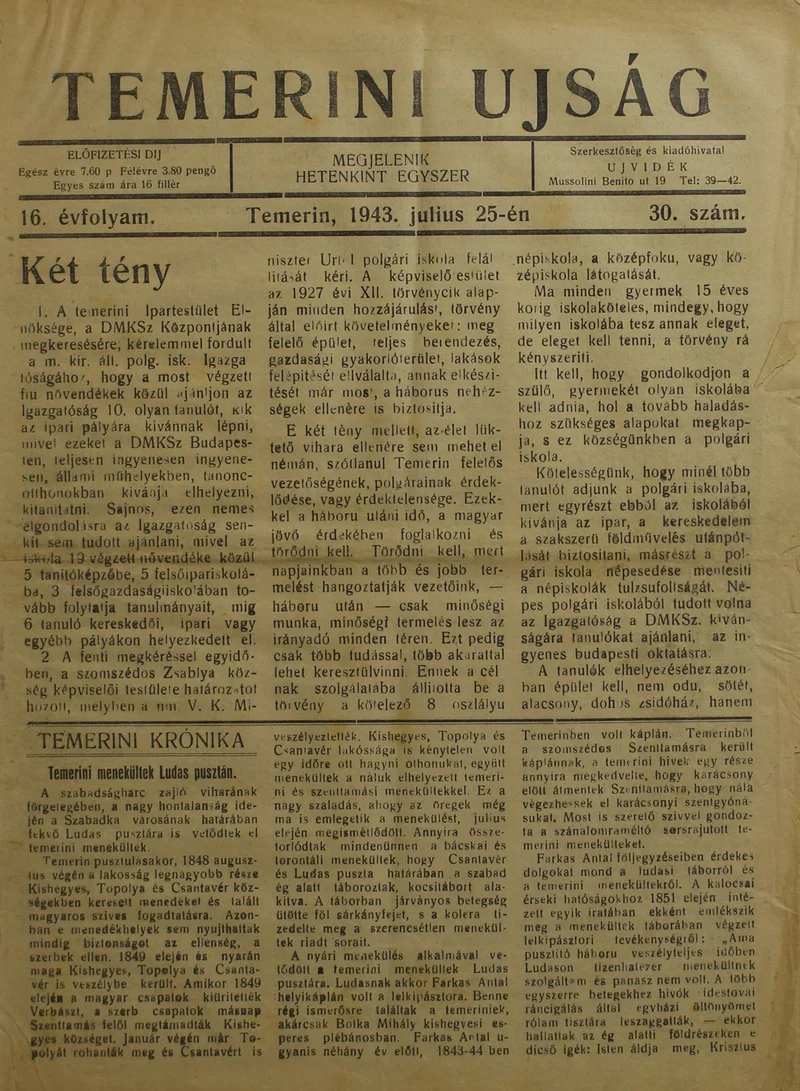 Temerini Újság 1928-1944, 16. évf. 1943. július 25. 30. sz.