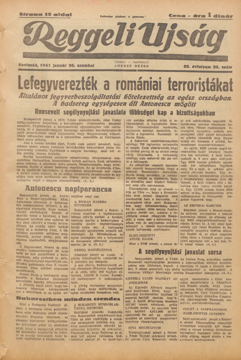 Reggeli Újság, 22. évf. 1941. január 25. 25. sz.