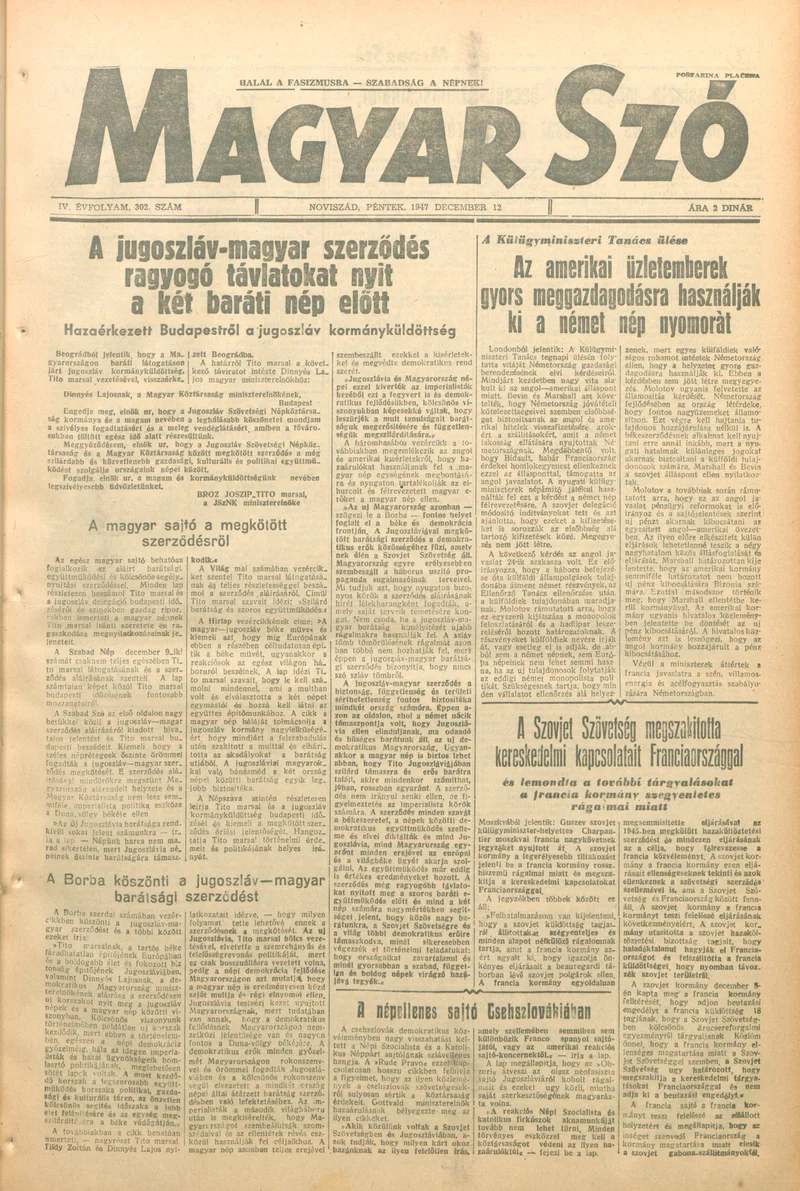 Magyar Szó, 4. évf. 1947. december 12. 302. sz. 1–6. oldal