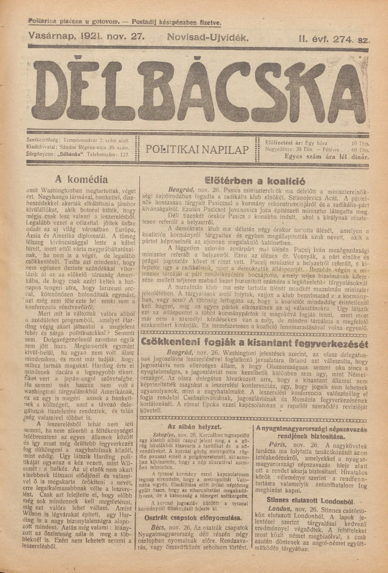 Délbácska, 2. évf. 1921. november 27. 274. sz.