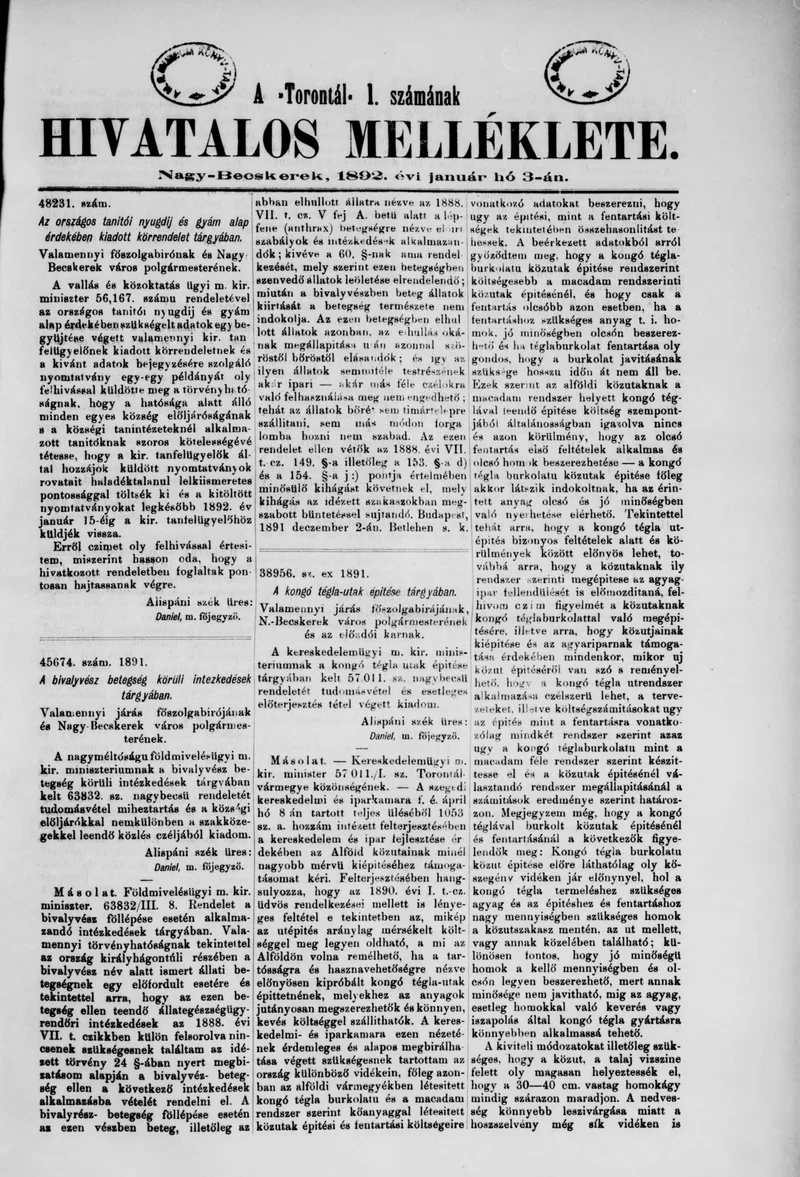 A Totontál  hivatalos melléklete, 5. évf. 1892. január 3. 1. sz.