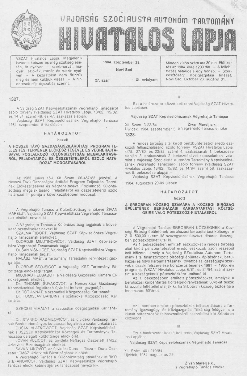 Vajdaság Szocialista Autonóm Tartomány Hivatalos Lapja, 40. évf. 1984. szeptember 29. 27. sz.