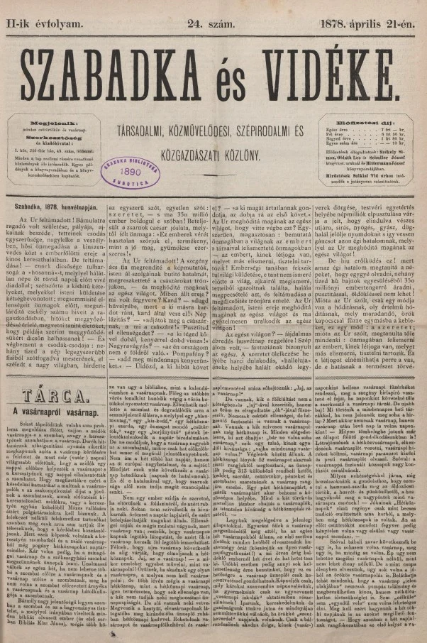 Szabadka és vidéke, 2. évf. 1878. április 21. 24. sz.