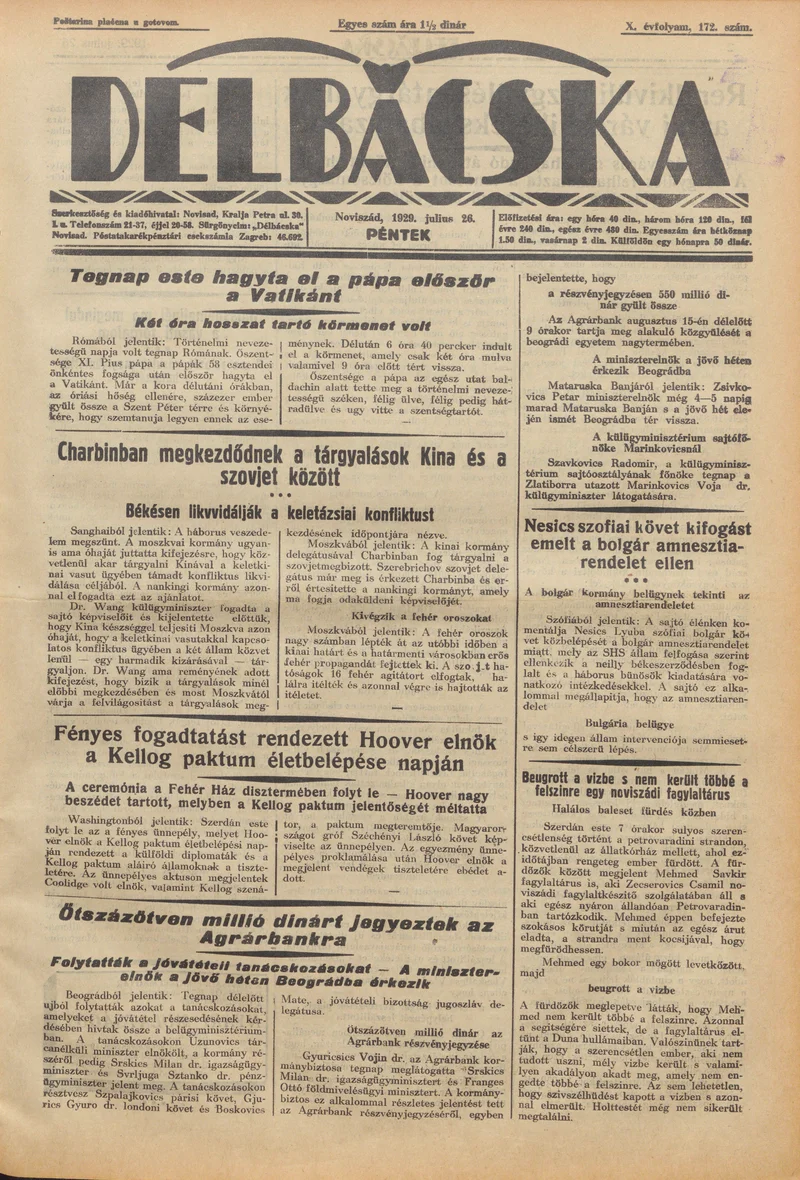 Délbácska, 10. évf. 1929. július 26. 172. sz.