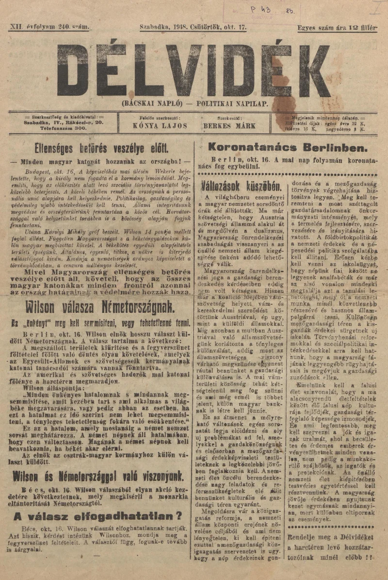 Délvidék, 12. évf. 1918. október 17. 240. sz.