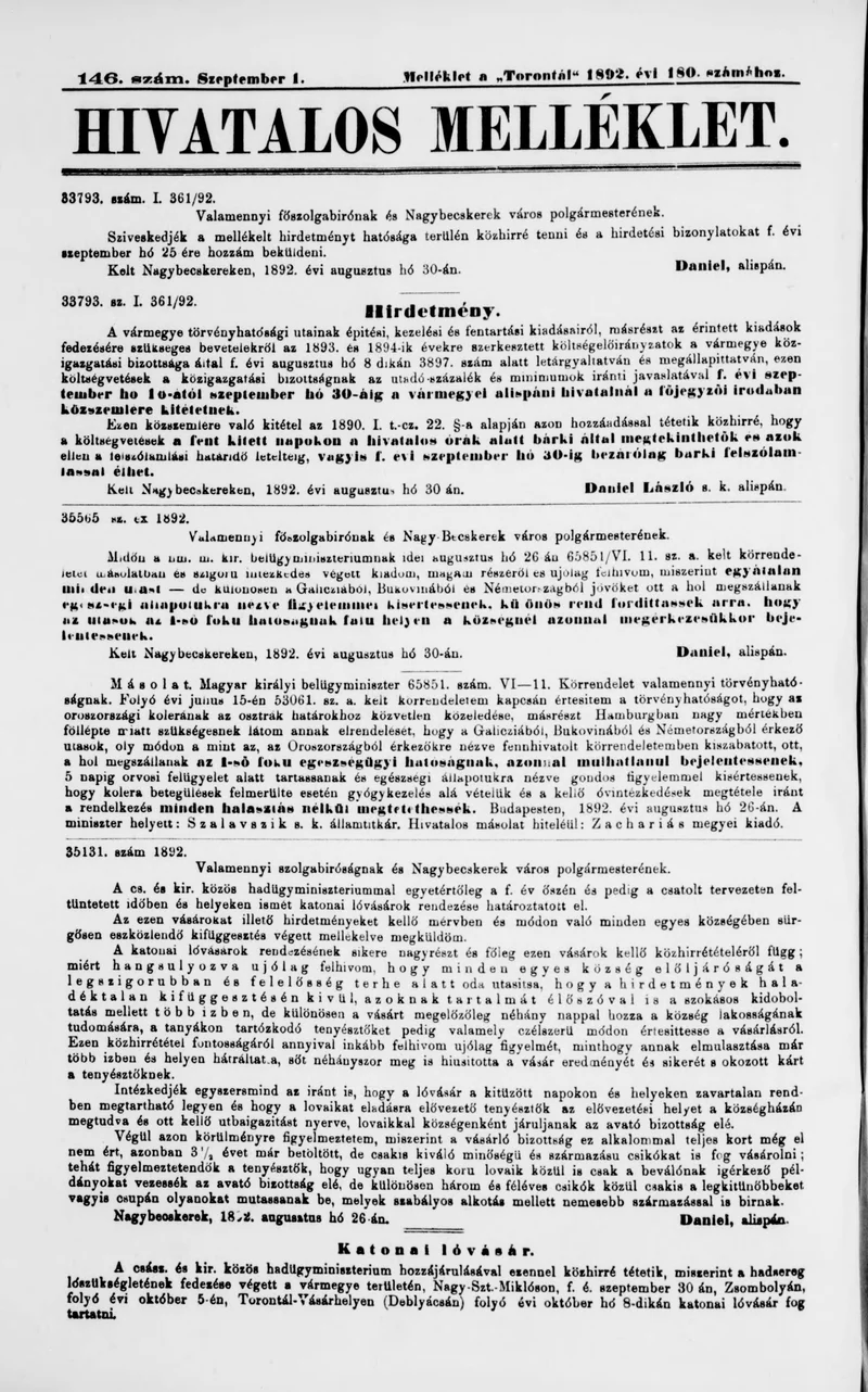 A Totontál  hivatalos melléklete, 5. évf. 1892. szeptember 1. 146. sz.