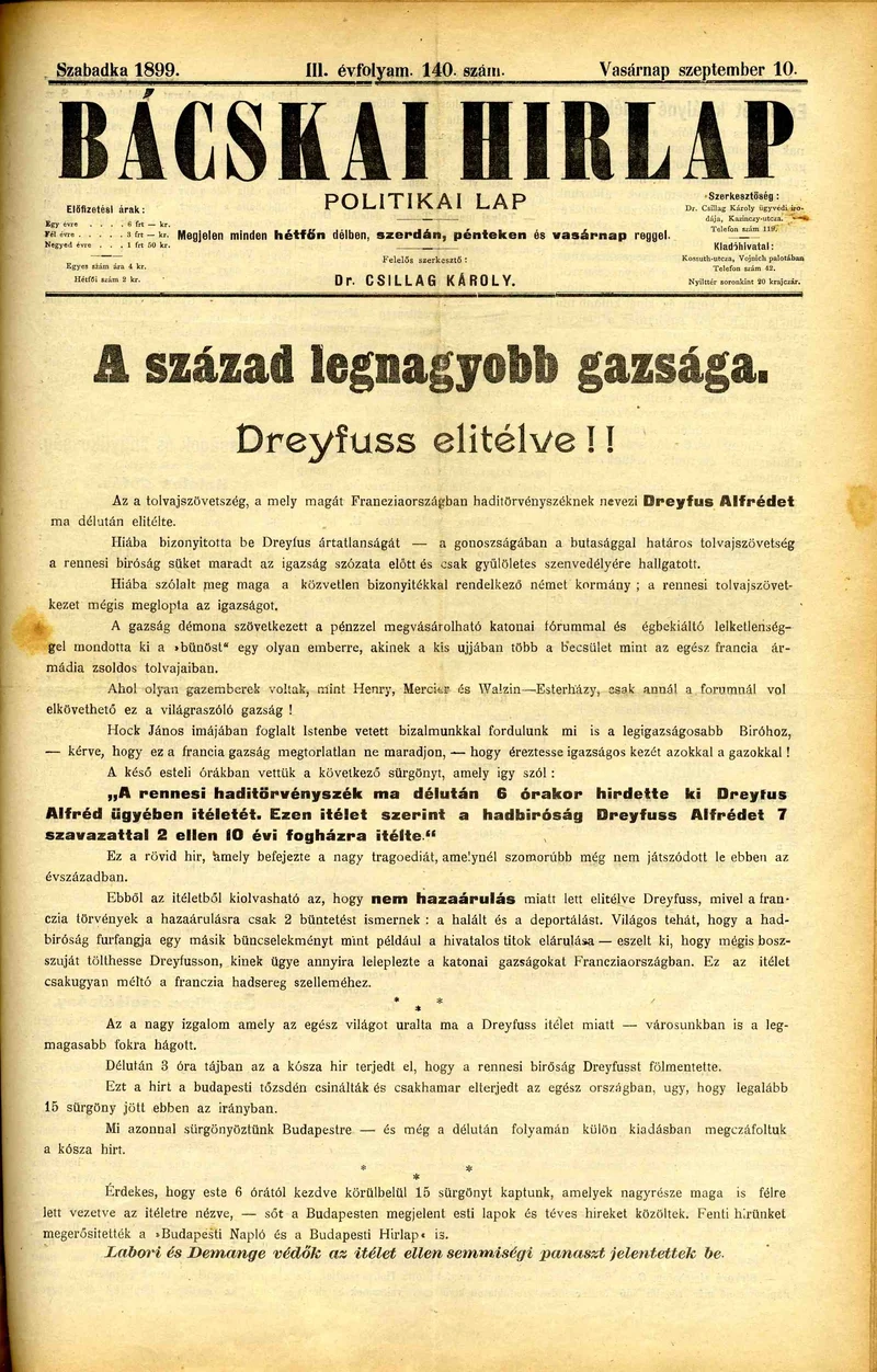 Bácskai Hirlap, 3. évf. 1899. szeptember 10. 140. sz.