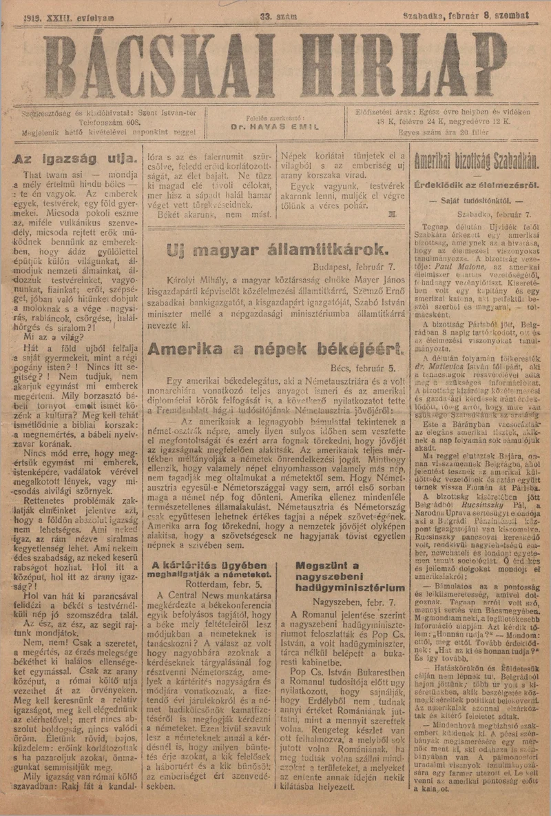 Bácskai Hirlap, 23. évf. 1919. február 8. 33. sz.