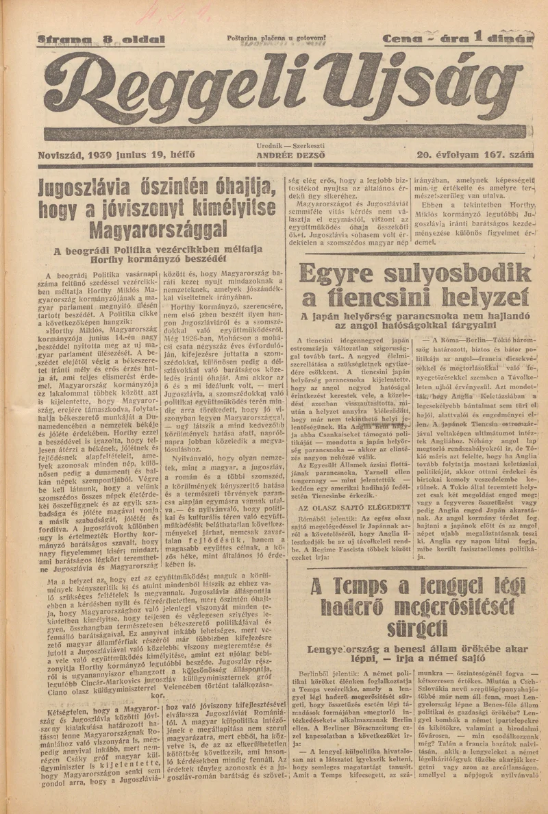 Reggeli Újság, 20. évf. 1939. június 19. 167. sz.