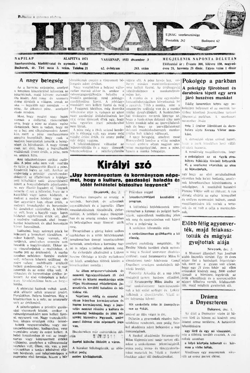 Híradó, 62. évf. 1933. december 3. 283. sz.
