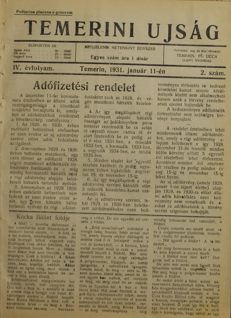 Temerini Újság 1928-1944, 4. évf. 1931. január 11. 2. sz.