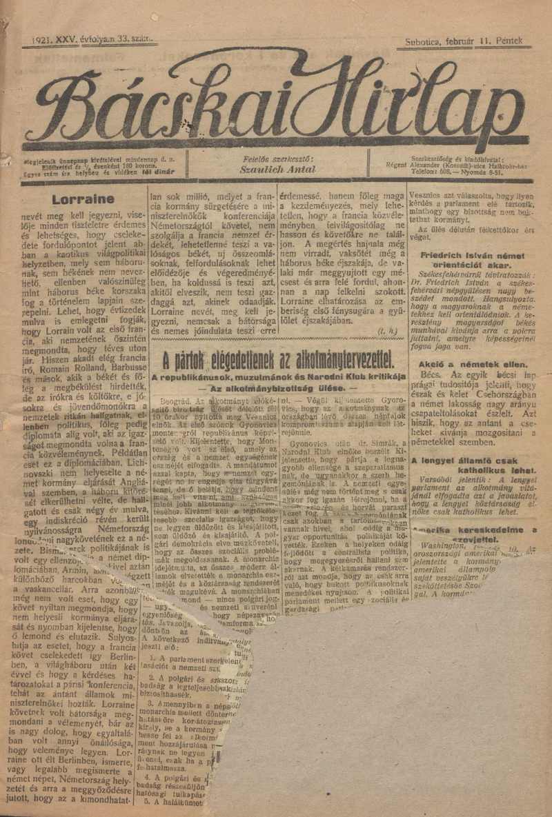 Bácskai Hirlap, 25. évf. 1921. február 11. 33. sz.