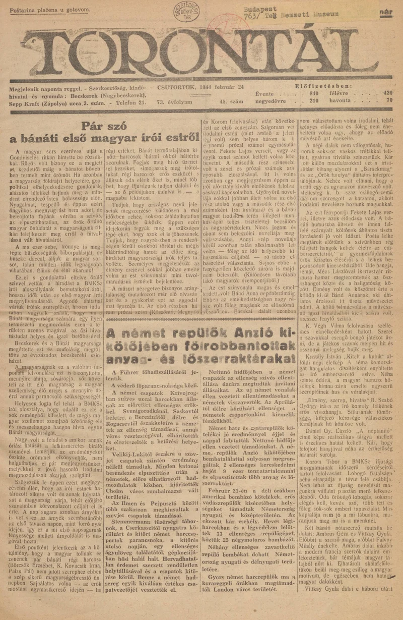 Torontál, 73. évf. 1944. február 24. 45. sz.