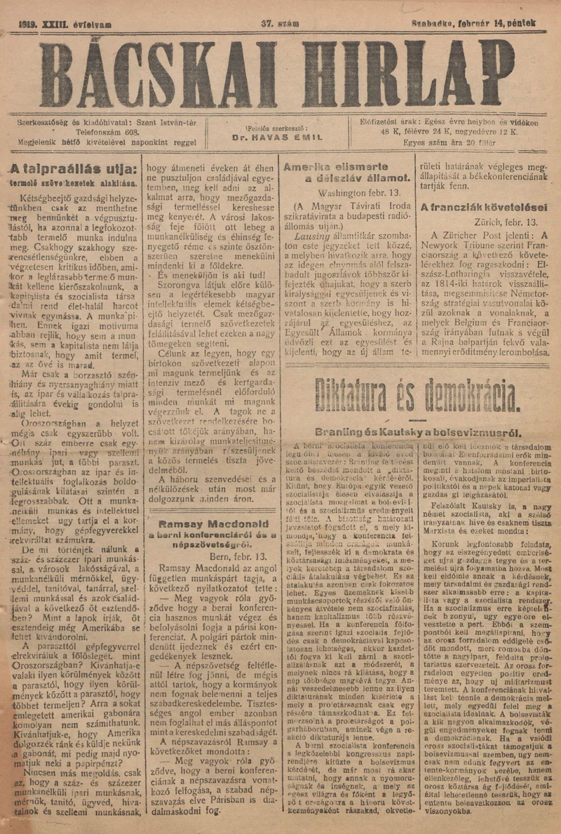 Bácskai Hirlap, 23. évf. 1919. február 14. 37. sz.
