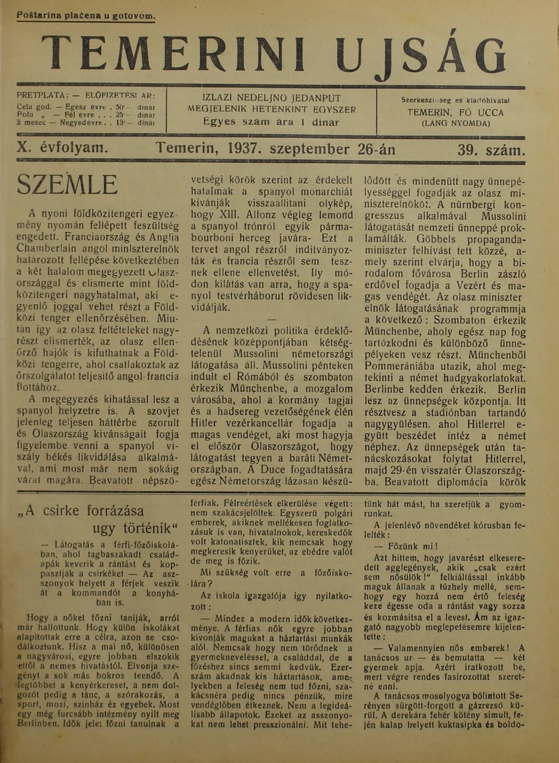 Temerini Újság 1928-1944, 10. évf. 1937. szeptember 26. 39. sz.