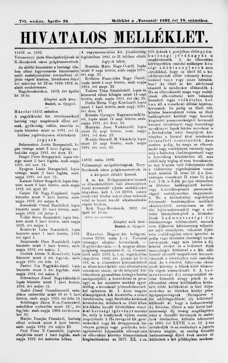A Totontál  hivatalos melléklete, 5. évf. 1892. április 26. 70. sz.