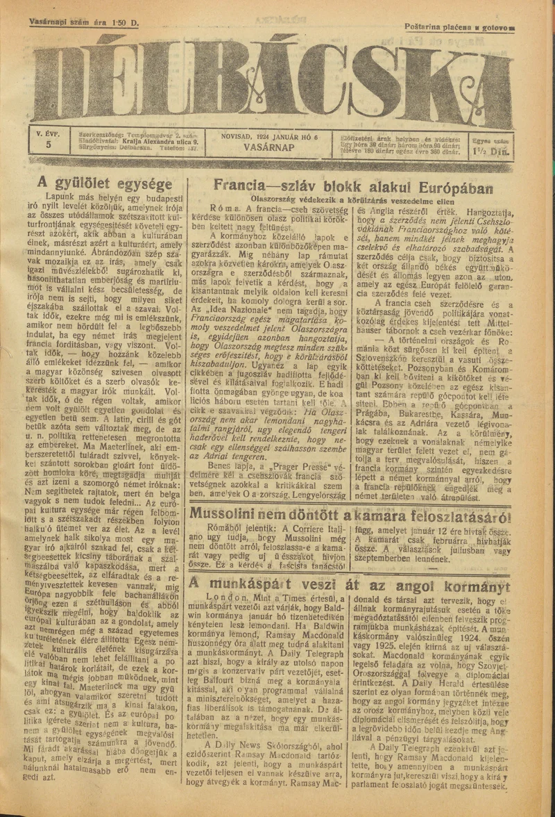 Délbácska, 5. évf. 1924. január 6. 5. sz.