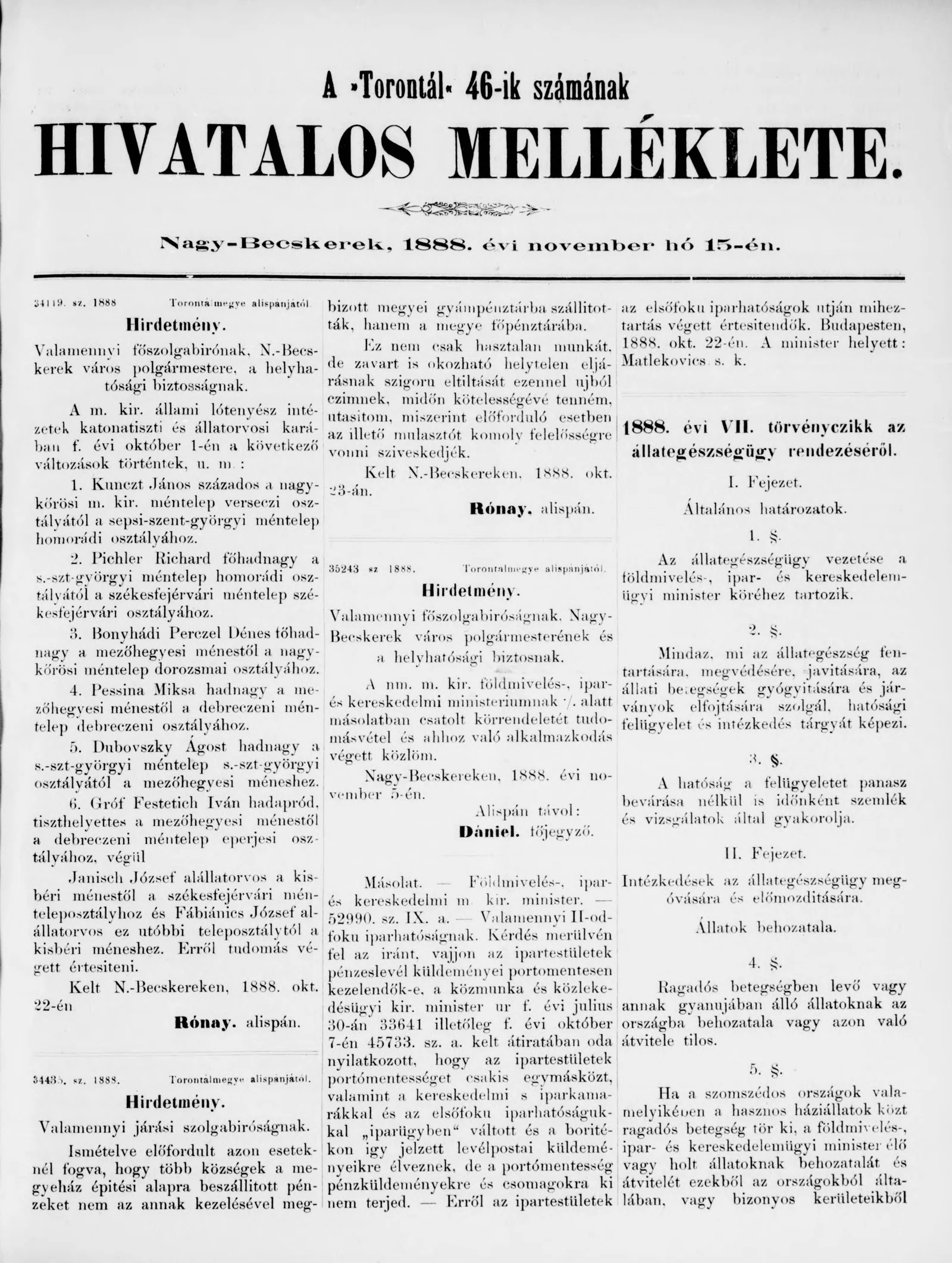 A Totontál  hivatalos melléklete, 1. évf. 1888. november 15. 46. sz.