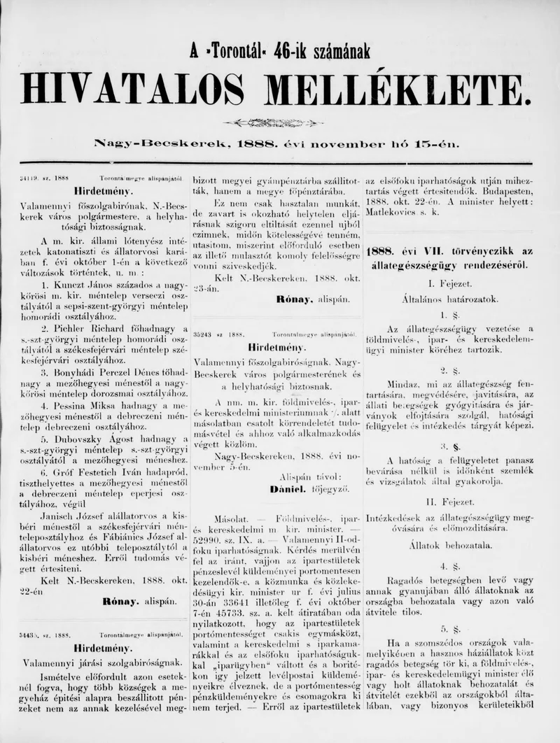 A Totontál  hivatalos melléklete, 1. évf. 1888. november 15. 46. sz.